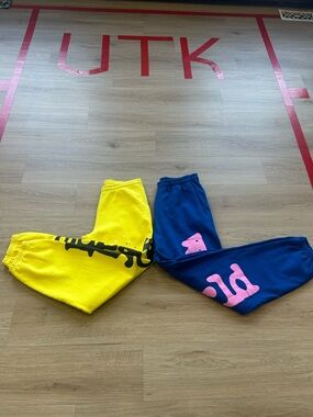 Colorblock Men's Sweatpants in Yellow & Blue with Pink Graphic